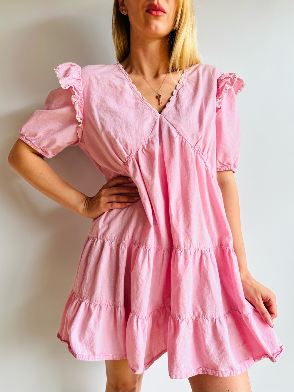Simply Southern Pink Cotton Tiered Ruffle Mini Dress V-Neck Flutter Sleeve Boho